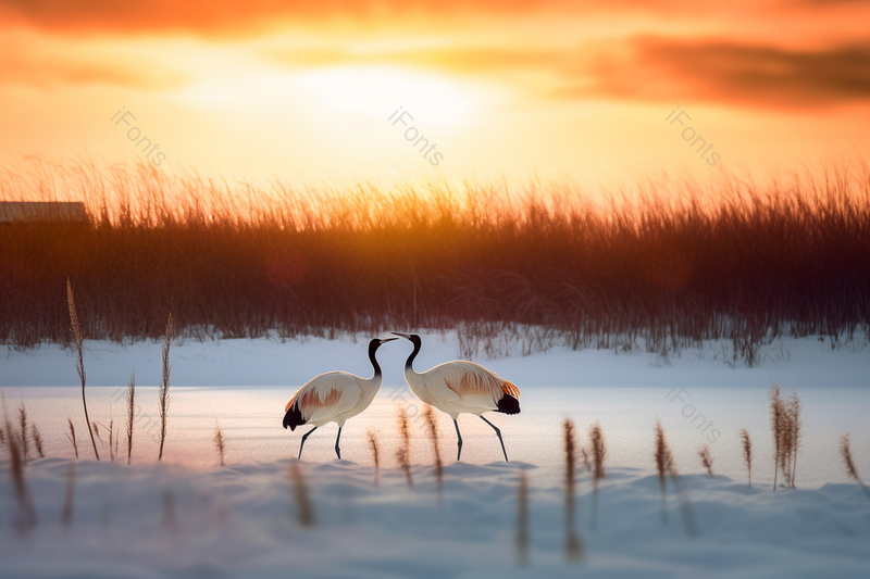 傍晚夕阳冬天两只丹顶鹤作伴在雪地里浪漫的行走摄影背景,高清,摄影图,摄影图片,图片大全,摄影图免费下载